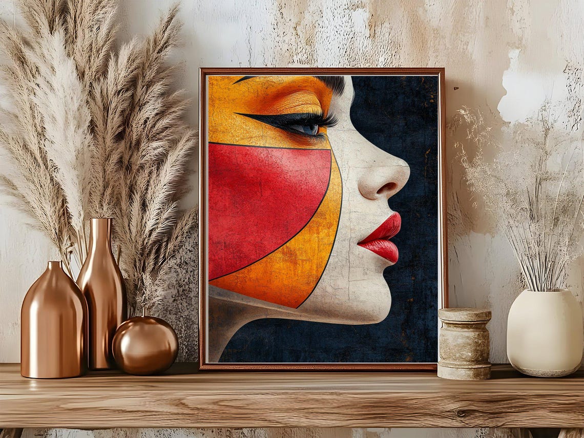 Cubist Woman Profile Poster With Red Gold and Black Geometry - Image 5