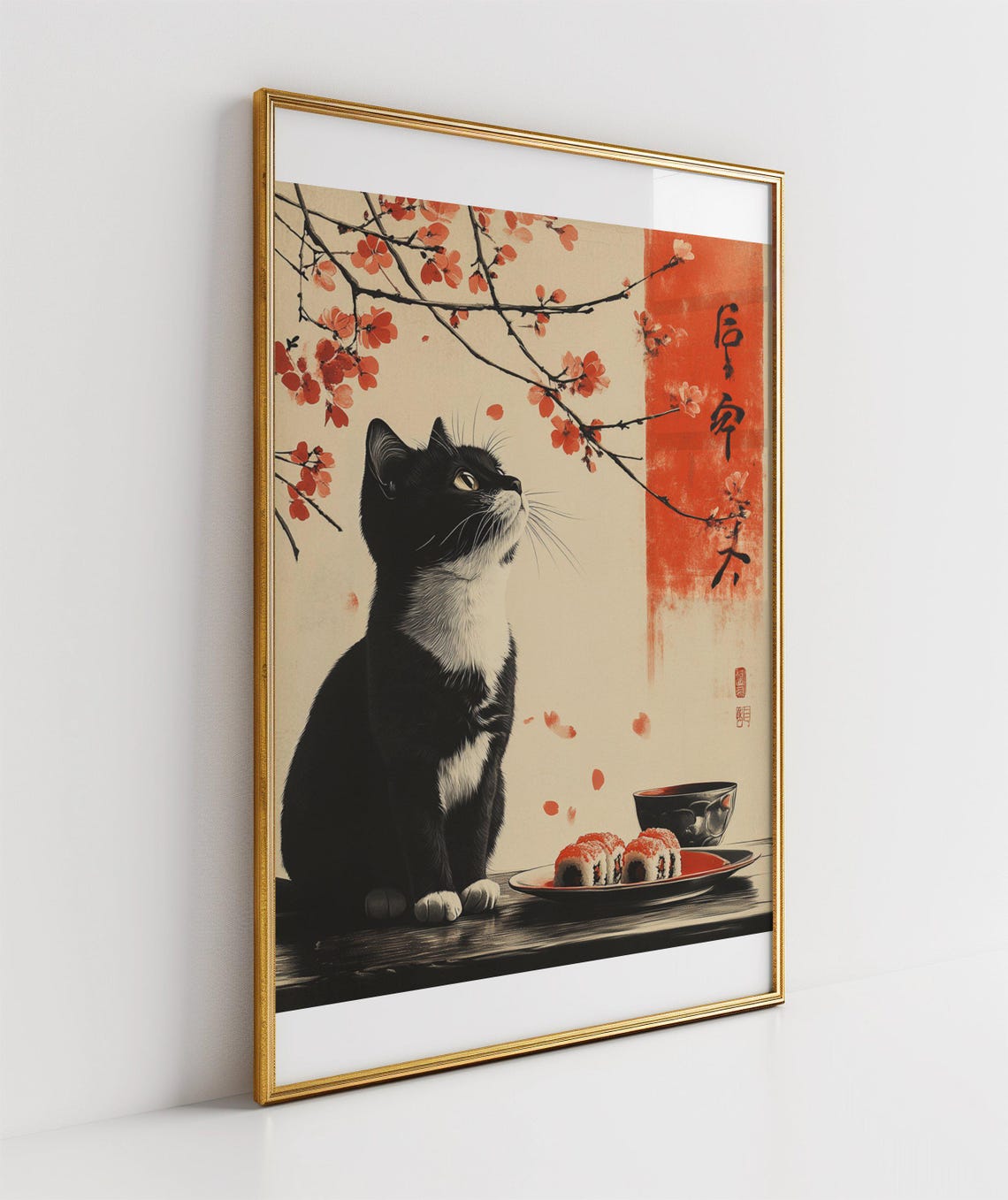 Charming Black Cat With Sushi Plate Under Cherry Blossoms Art Poster - Image 3