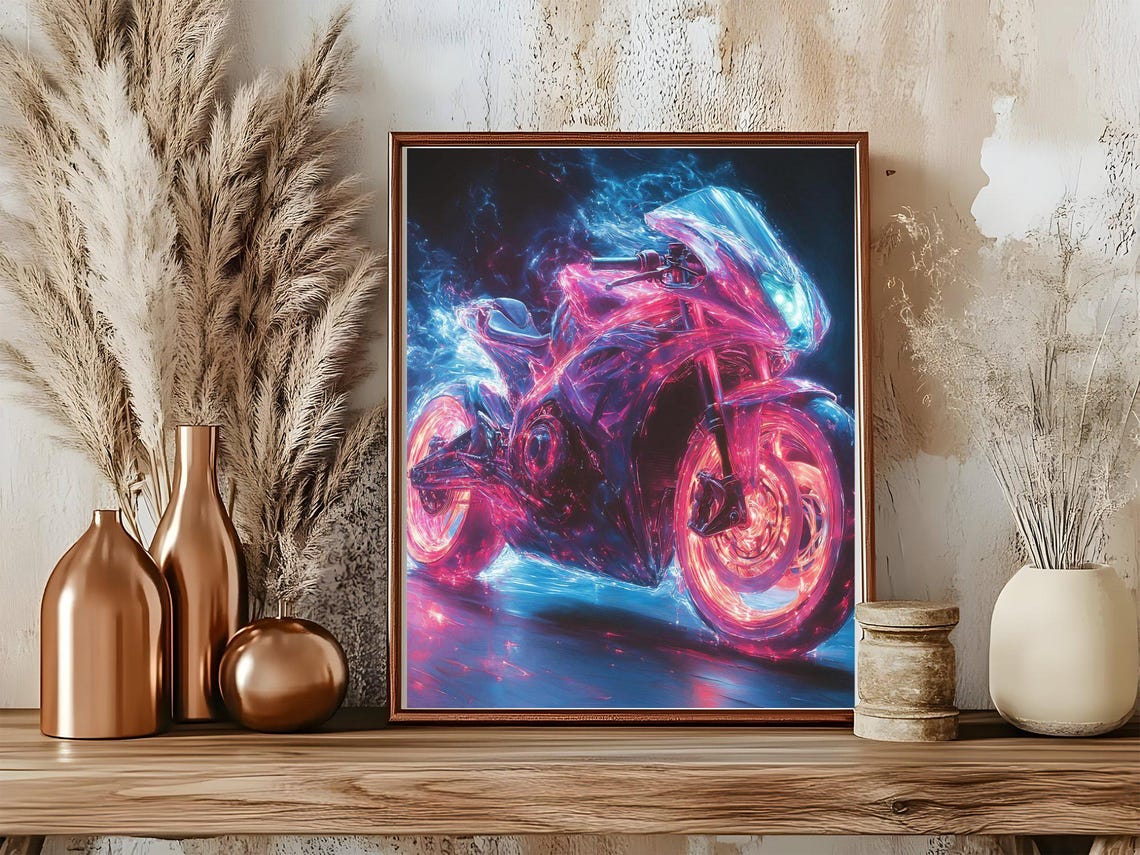 Neon Cyberpunk Motorcycle Poster Pink Blue Futuristic Electric Bike - Image 5