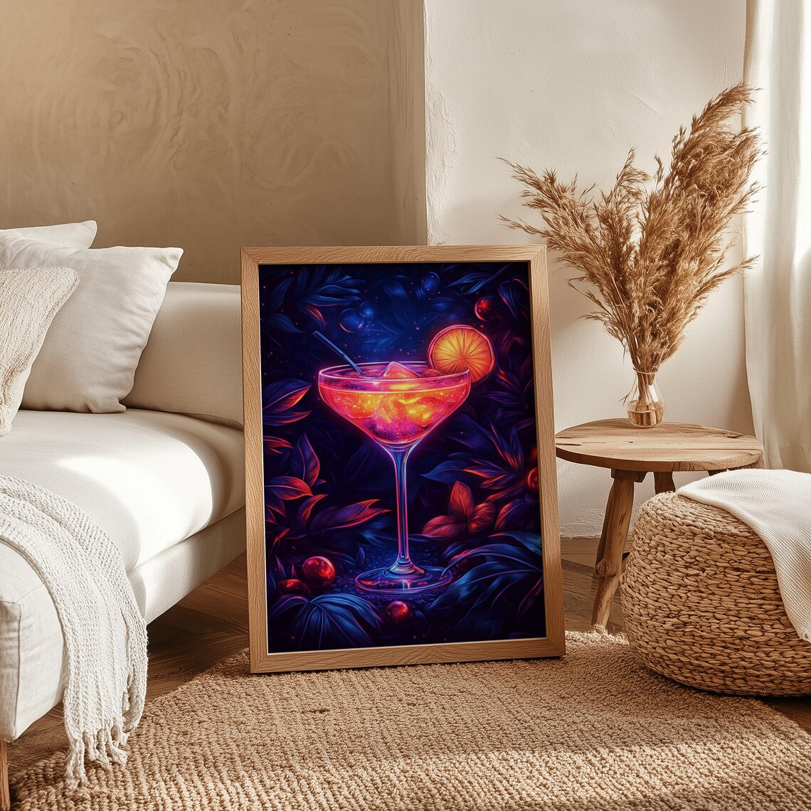 Neon Cocktail Poster With Glowing Martini Glass on Dark Tropics - Image 4