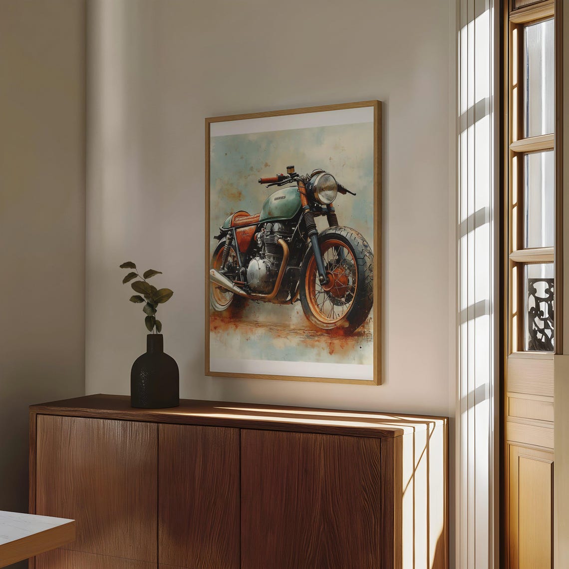 Retro Cafe Racer Motorcycle Poster Teal Watercolor Classic Bike - Image 4