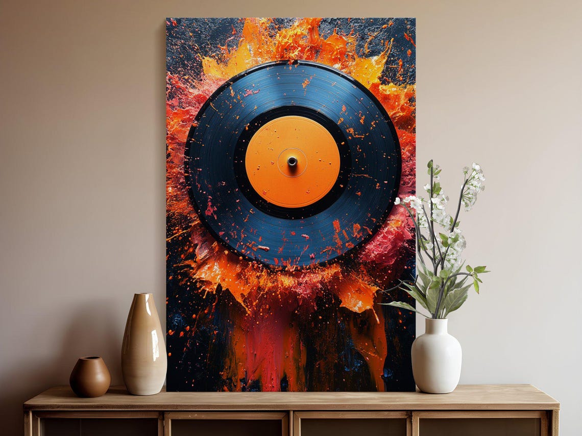 Vinyl Record With Dramatic Orange Paint Splash Explosion Art Poster - Image 5