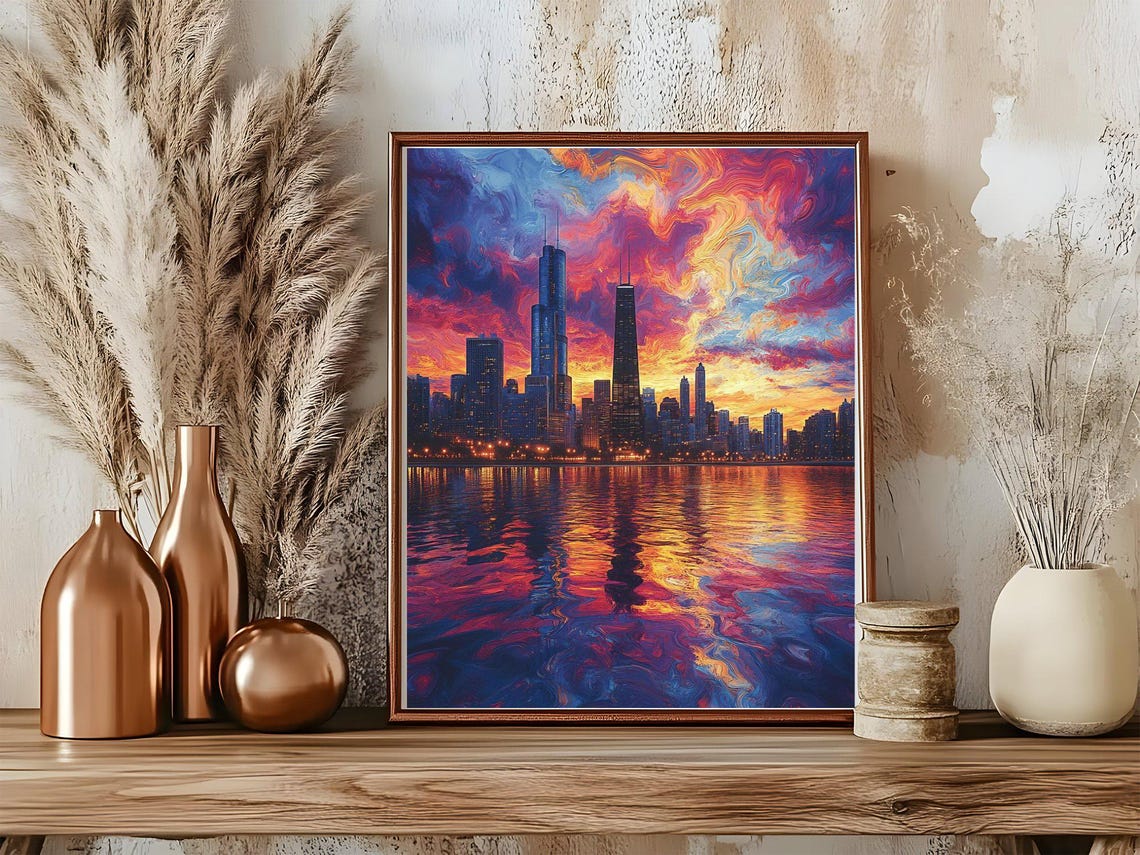 Chicago Skyline Ablaze in Vibrant Sunset Reflection Art Poster - Image 5