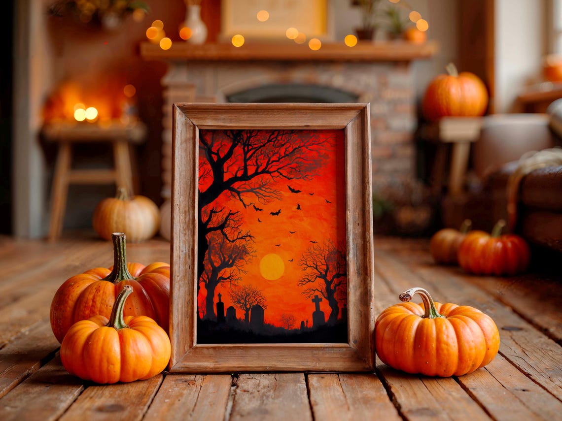 Creepy Graveyard Sunset Poster Orange Sky Bats Tombstones Art