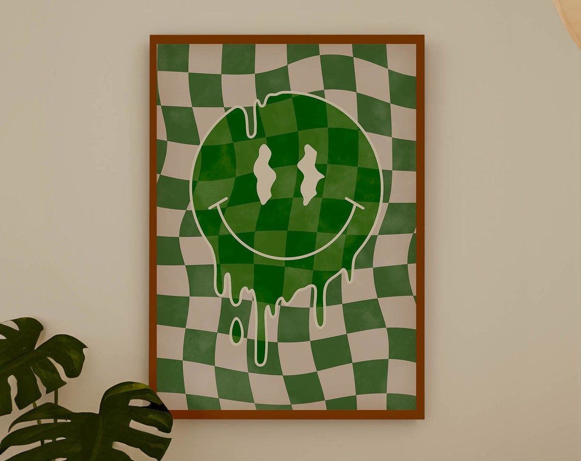 Melting Smiley Face on Green Checkered Psychedelic Retro Wall Poster