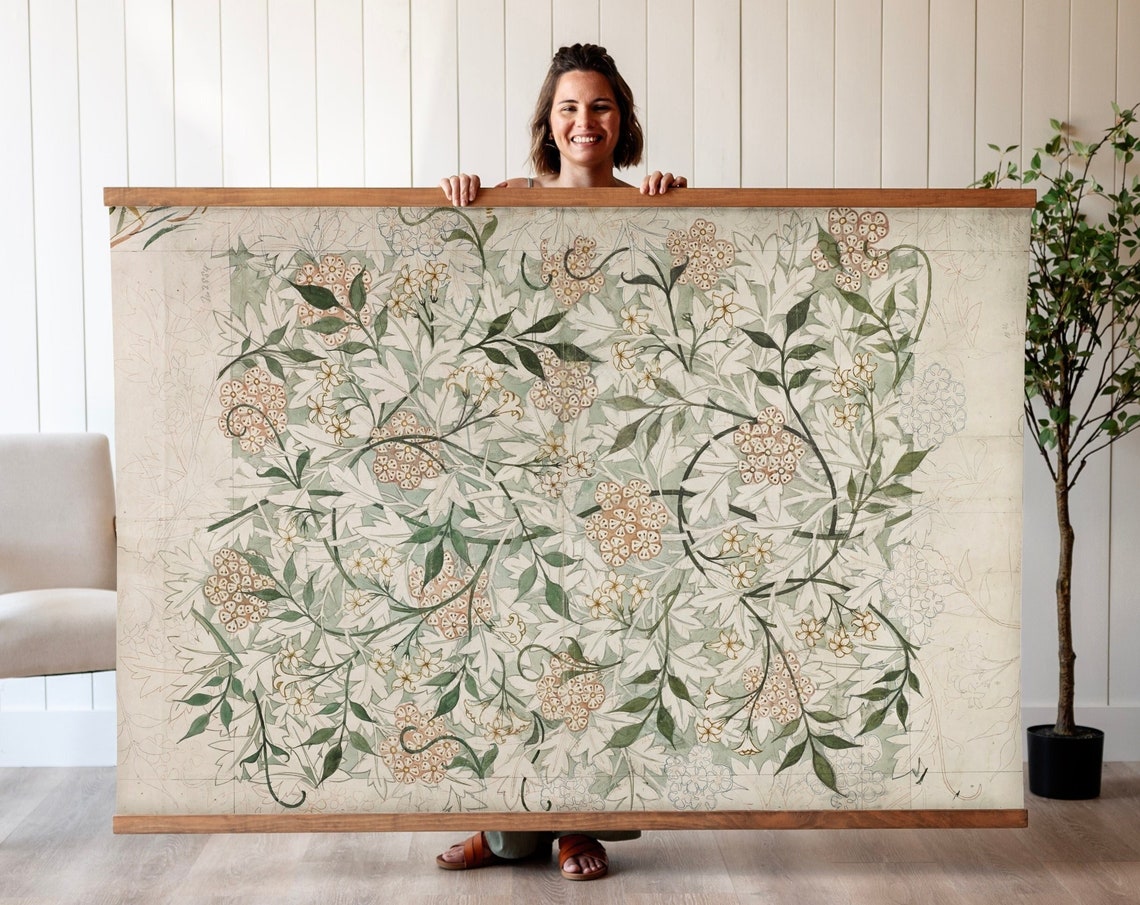 Cream Green Floral Botanical Pattern Vintage Textile Art Poster