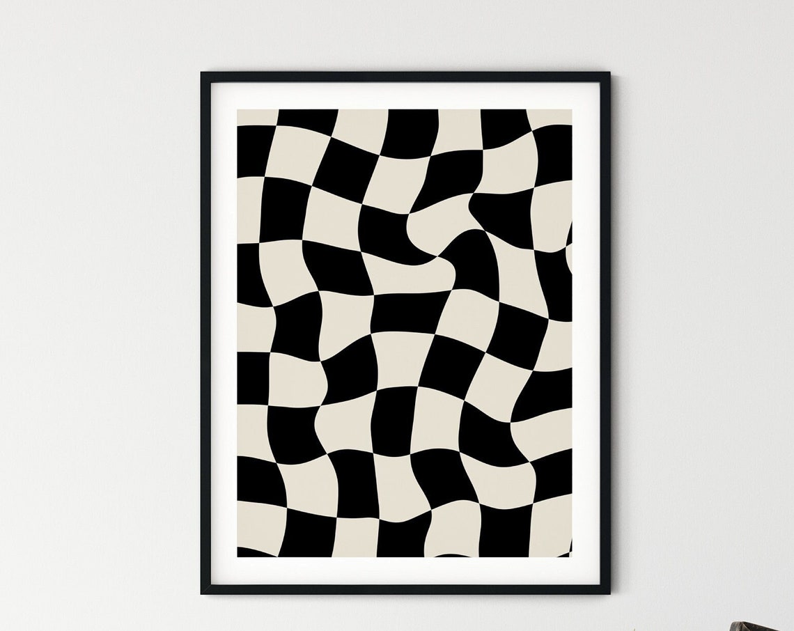 Retro Black And White Wavy Checkerboard Optical Illusion Poster - Image 2
