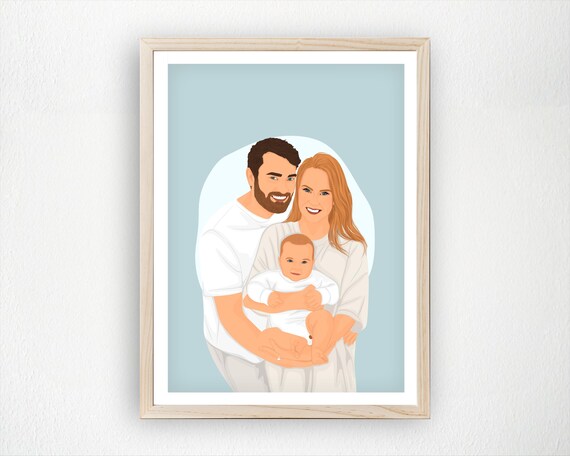 Custom Family Portrait Illustration Dad Mom and Baby Gift Wall Art
