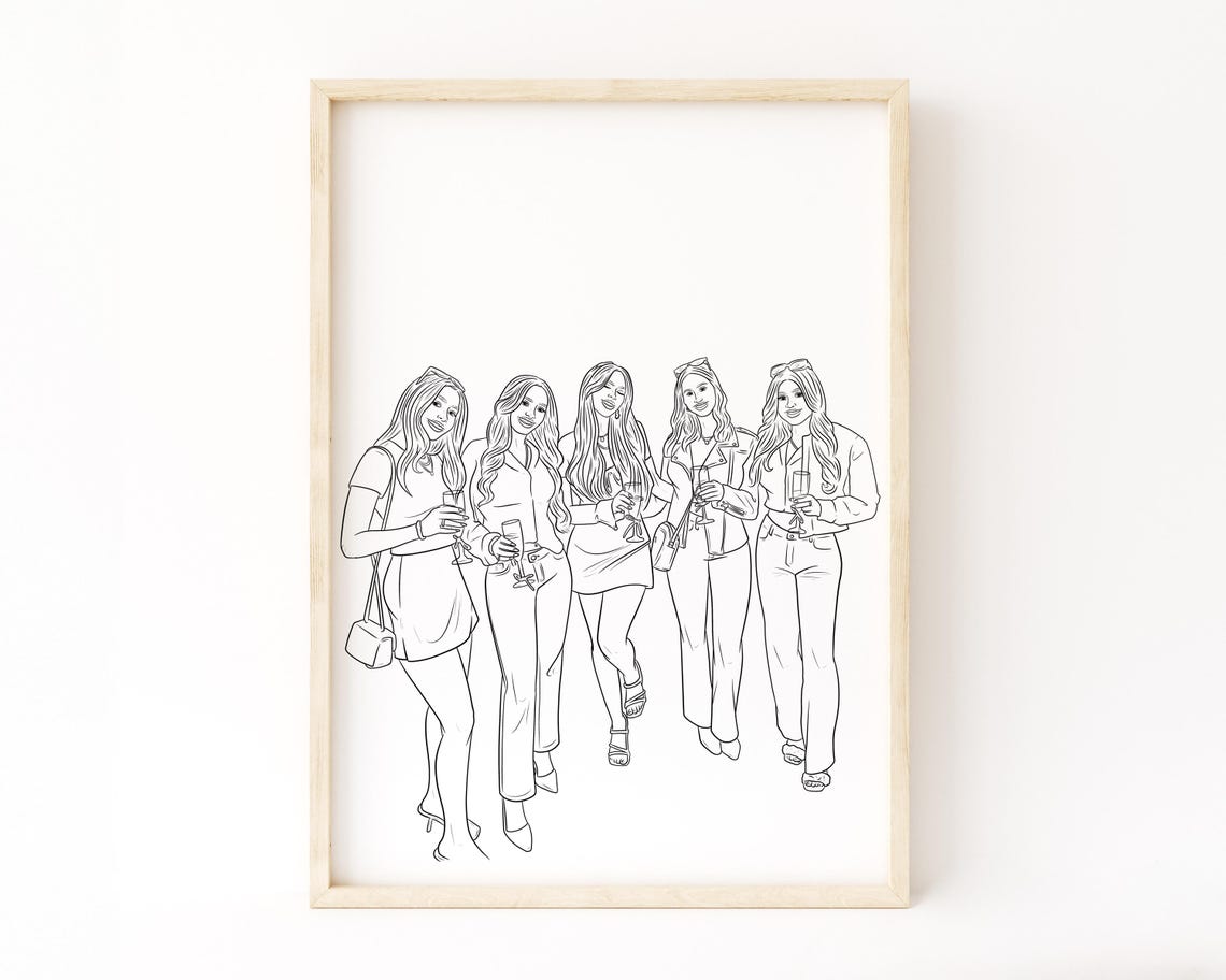 Custom Line Art Girls Group Portrait Bachelorette Personalized Print