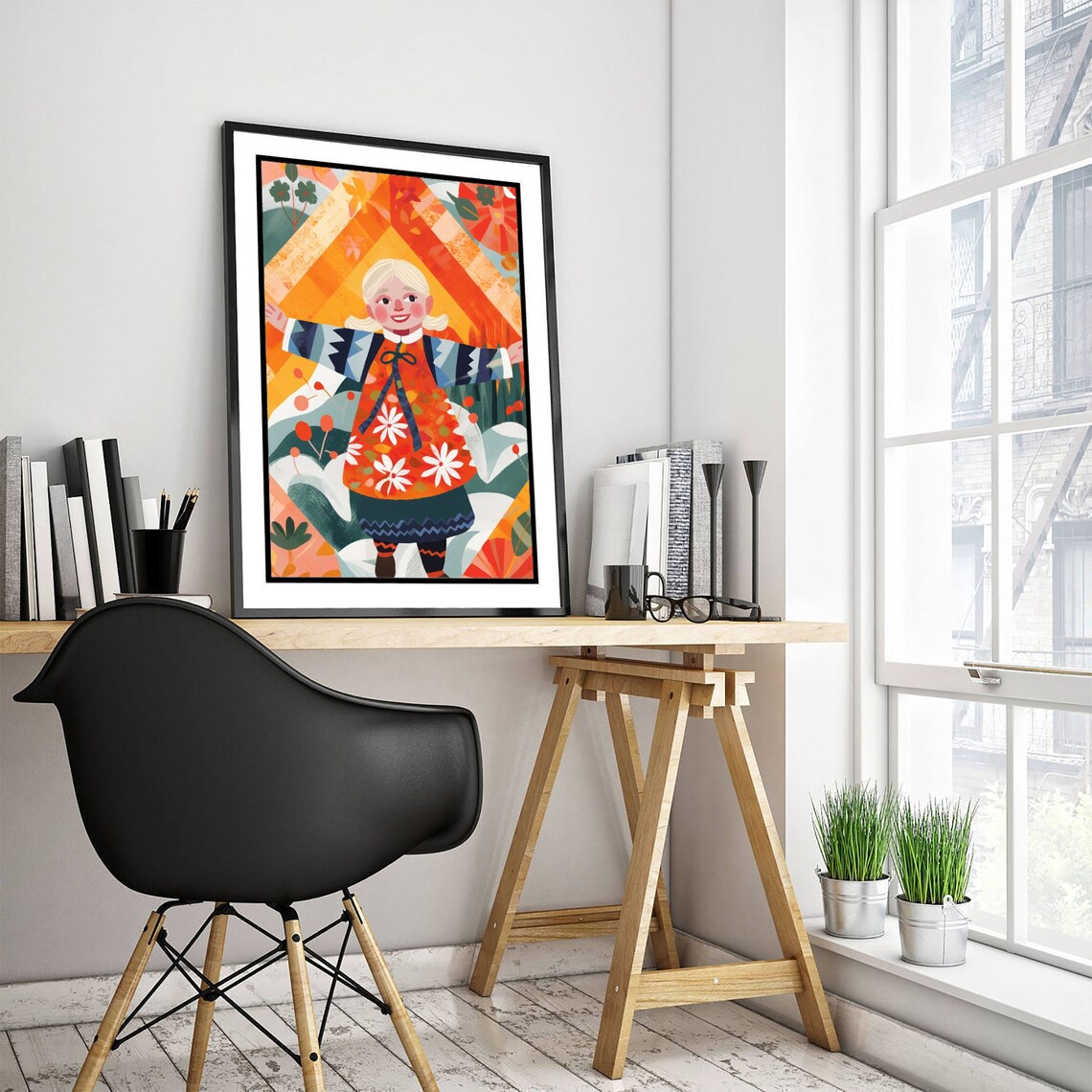 Blonde Girl in Red Floral Folk Dress Joyful Illustration Poster - Image 3