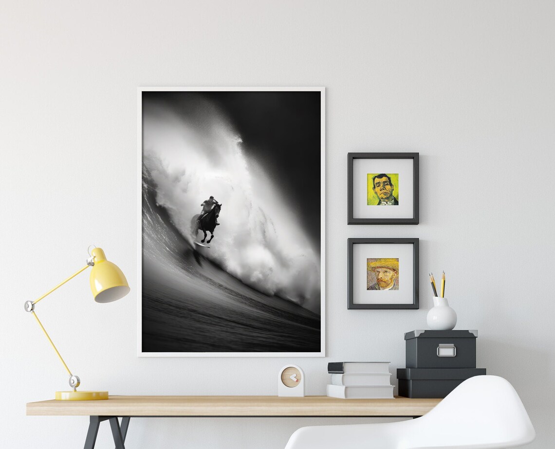Horseback Rider Surfing a Giant Wave in Black and White Photo Poster - Image 4