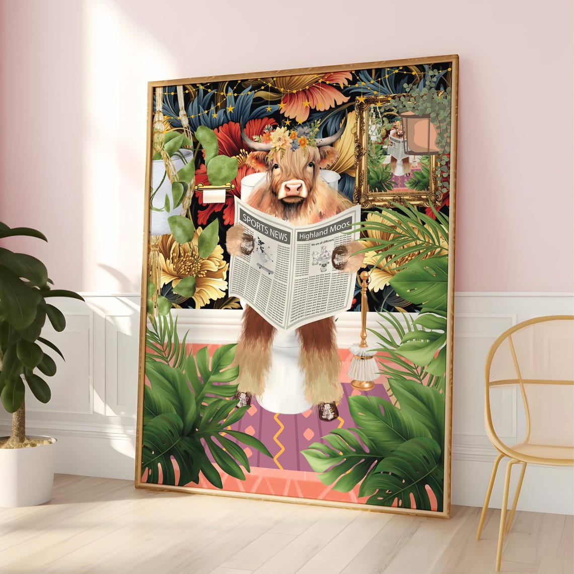 Highland Cow With Flower Crown Reading On Toilet Funny Bath Poster