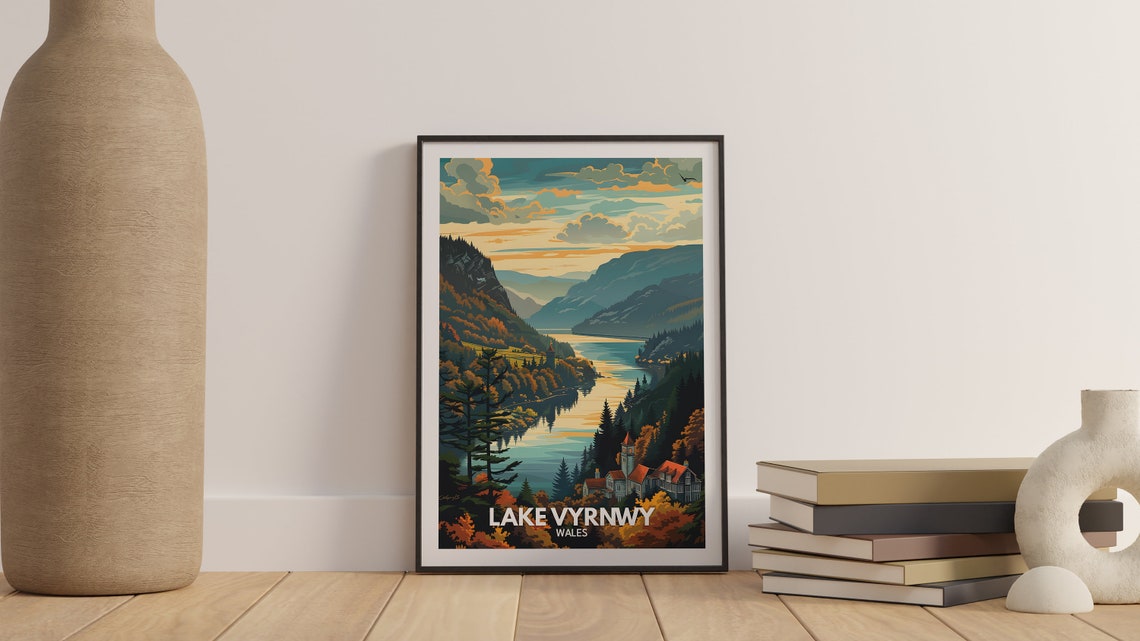 Lake Vyrnwy Print Lake Vyrnwy Poster Wales Lake Travel Poster Lake Wall Art Decor United Kingdom Lake Art Wales Nature Poster - Image 3