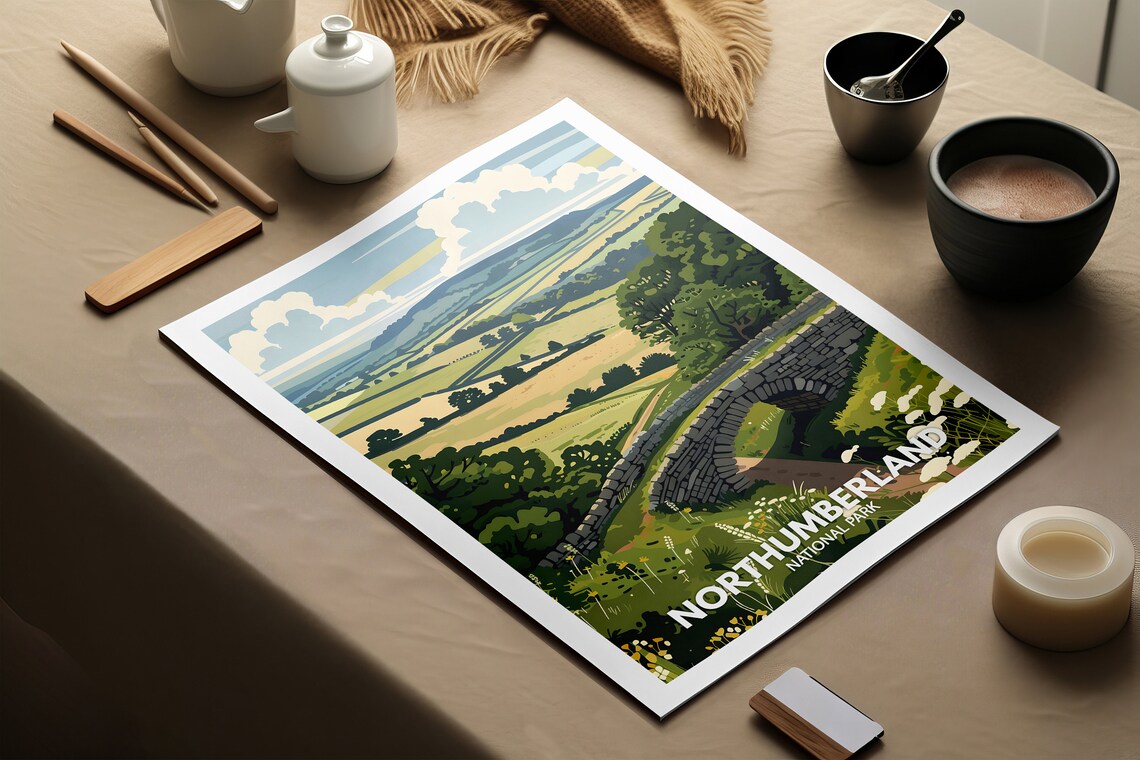 Northumberland National Park Travel Poster Stone Bridge Hills View - Image 2