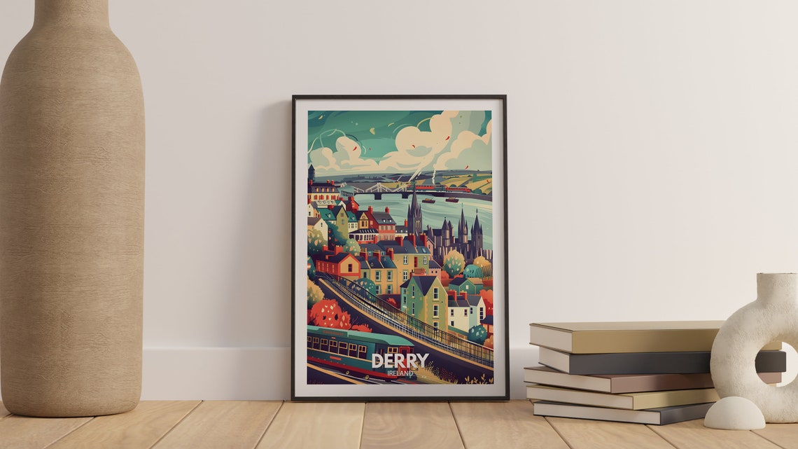 Derry Ireland River Bridge Cathedral Spire Historic Old City Poster - Image 3
