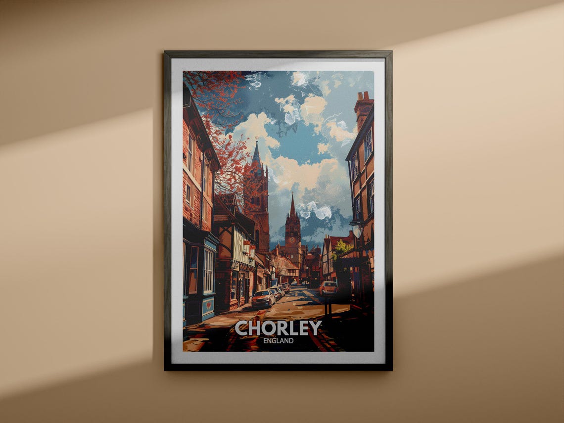 Chorley England Travel Poster Historic Street Church Spire Scene - Image 4