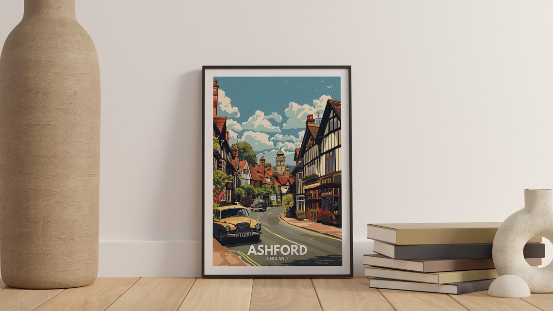 Ashford England Tudor Street Vintage Cars Historic Town Poster - Image 3
