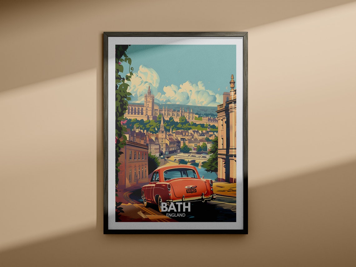 Bath England Red Vintage Car Street View Retro Travel Poster - Image 4