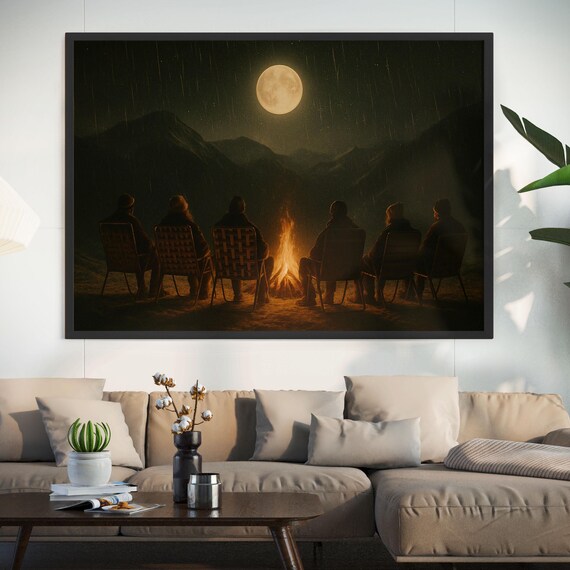 Campfire Under Full Moon Friends Mountain Night Scene Photo Print