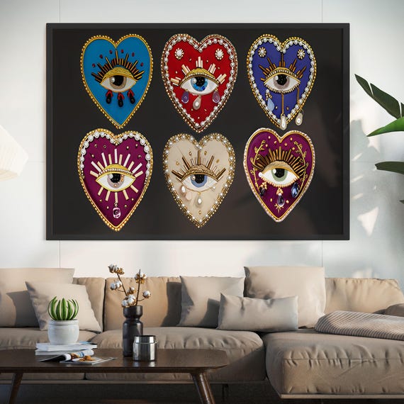 Psychedelic Heart Eye Print Gothic Maximalist Decor Dark Poster Jewel Toned Art Eclectic Bedroom Wall