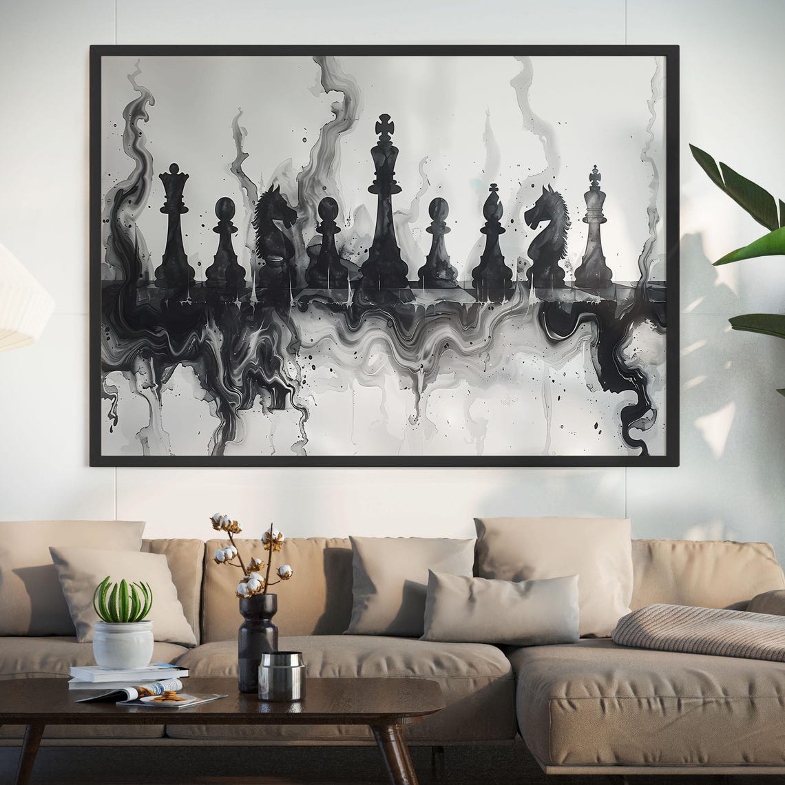 Black and White Chess Pieces in Swirling Ink Smoke Abstract Poster