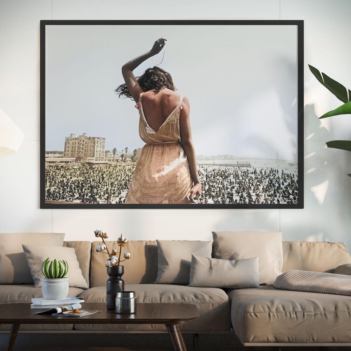 Stunning Woman Overlooking Crowded Beach Vintage Summer Photo Poster