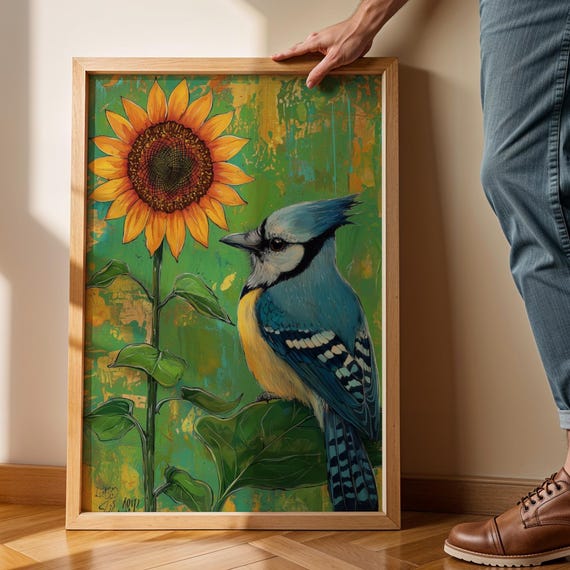 Blue Jay Sunflower Folk Art Print Vintage Botanical Wall
