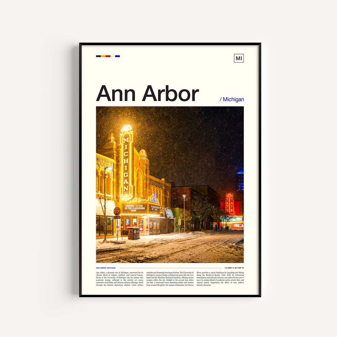 Ann Arbor Michigan Theatre Marquee Snowy Night Photo Travel Poster