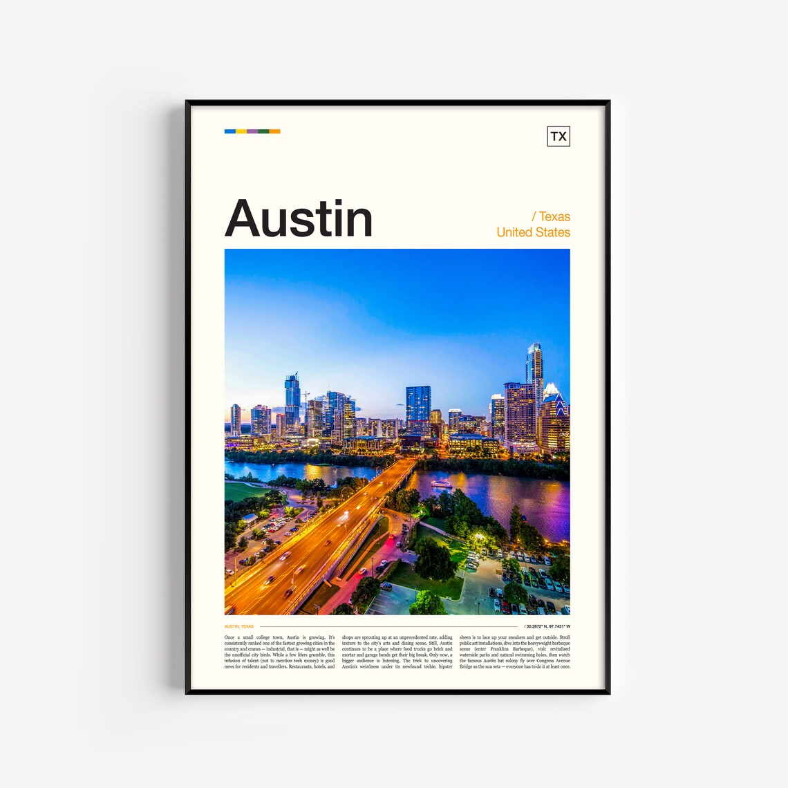 Austin Texas Travel Poster, City Wall Art