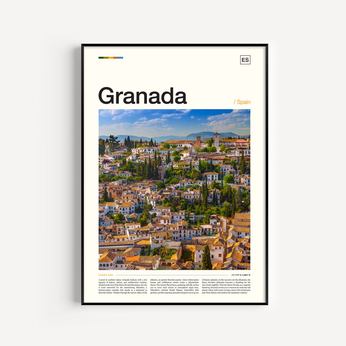 Granada Spain Old Town Rooftops Mountain View Scenic Photo Poster
