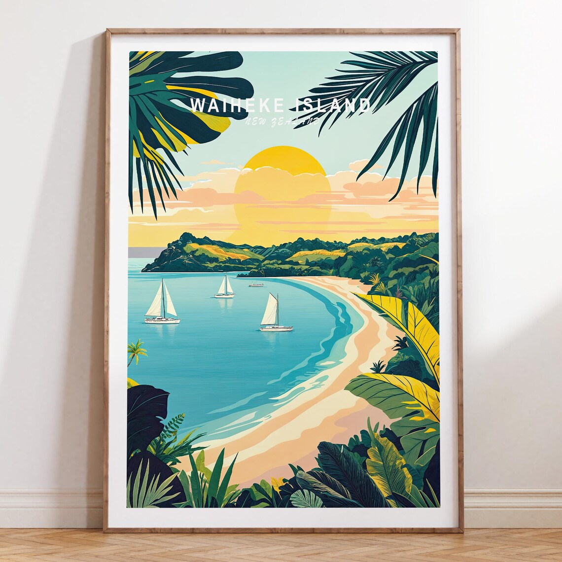 Waiheke Island New Zealand Tropical Bay Vintage Travel Poster