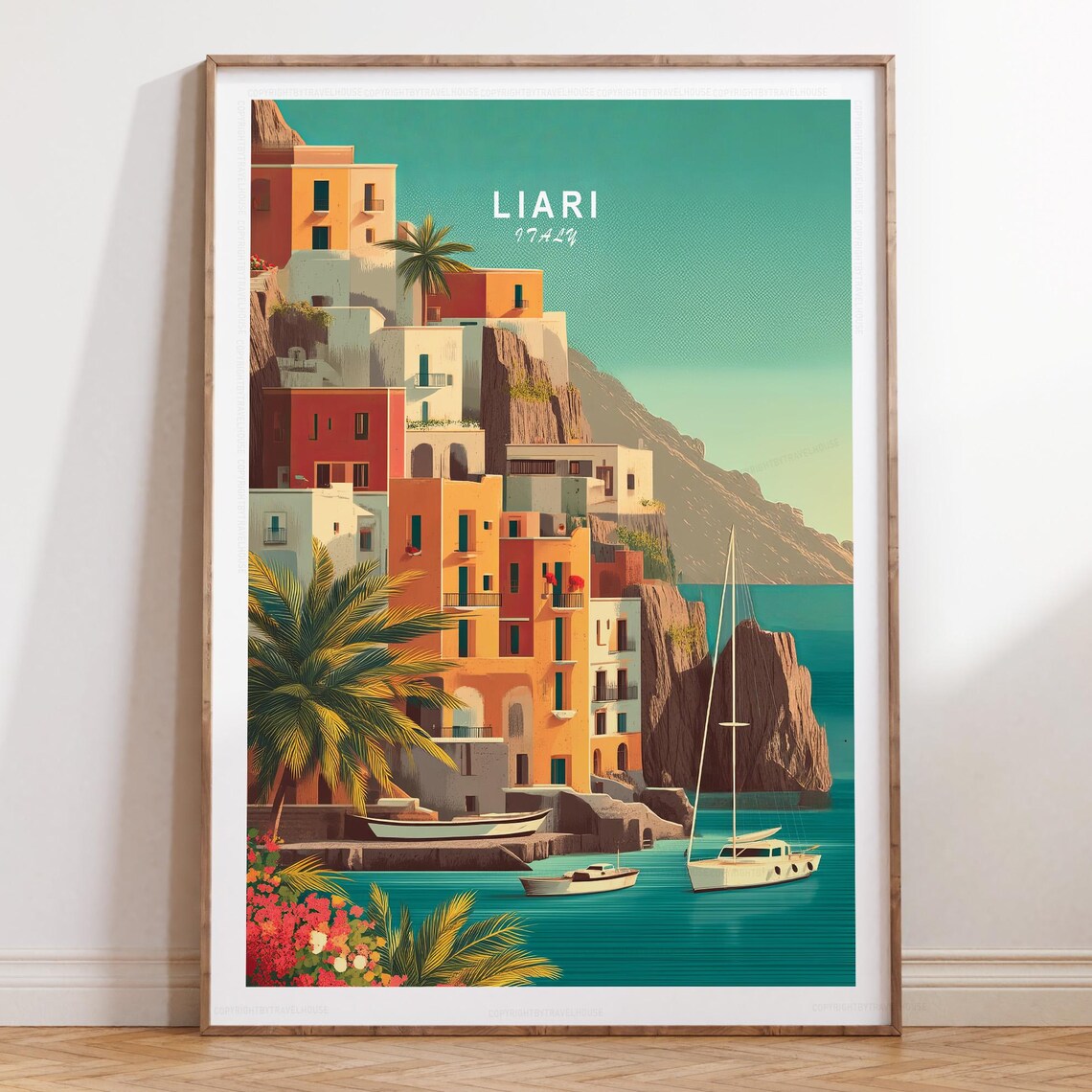 Liari Italy Colorful Cliffside Village With Sailboats Daytime Poster
