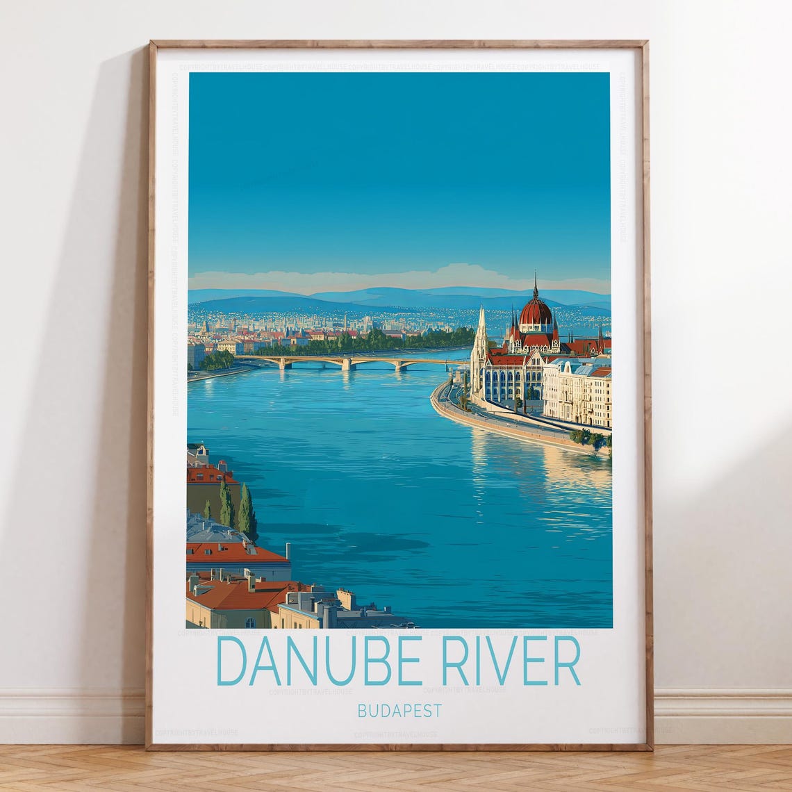 Budapest Hungary Danube River Bend Cityscape Illustrated Travel Poster
