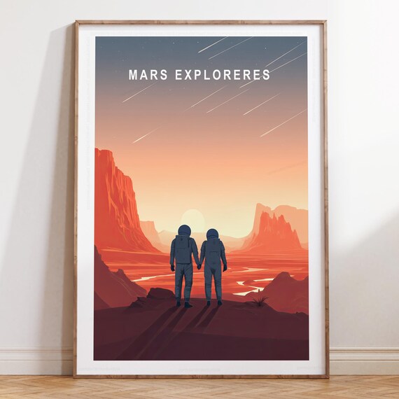 Mars Explorers Astronauts Red Canyon Sunrise Space Travel Art Poster
