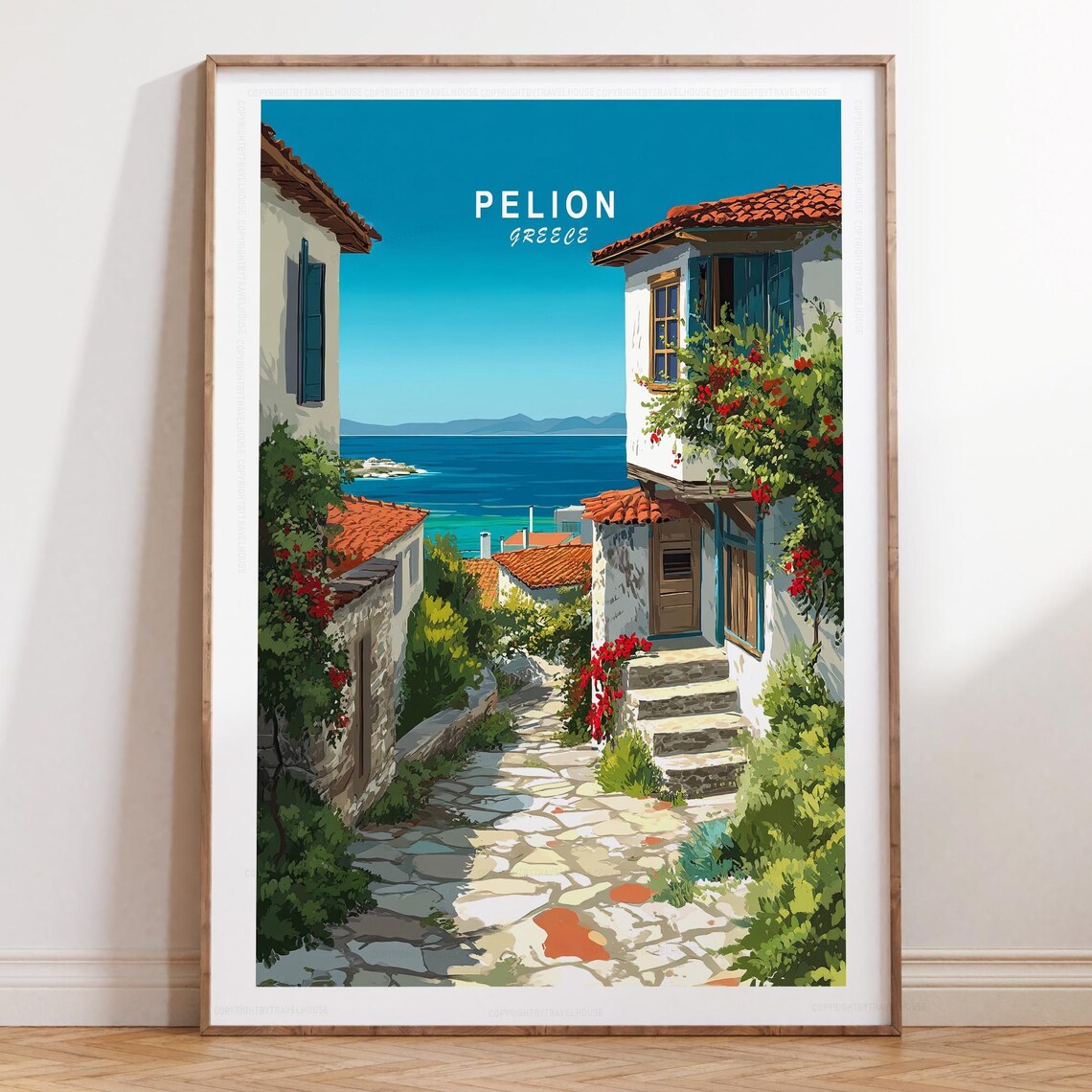 Pelion Greece Seaside Alley White Houses Top Text Travel Poster