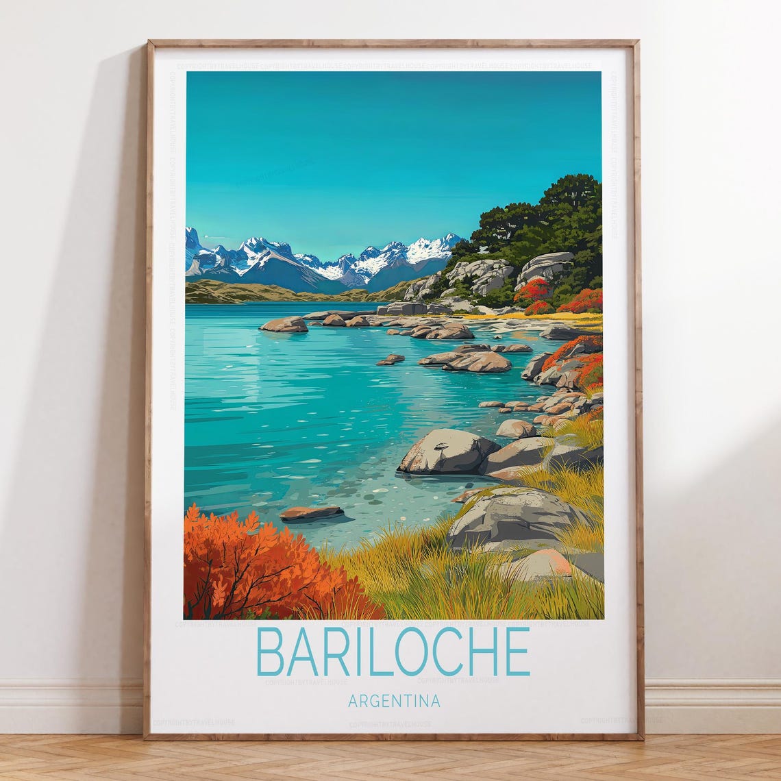 Bariloche Lakeside Red Autumn Foliage Andean Peaks Argentina Poster