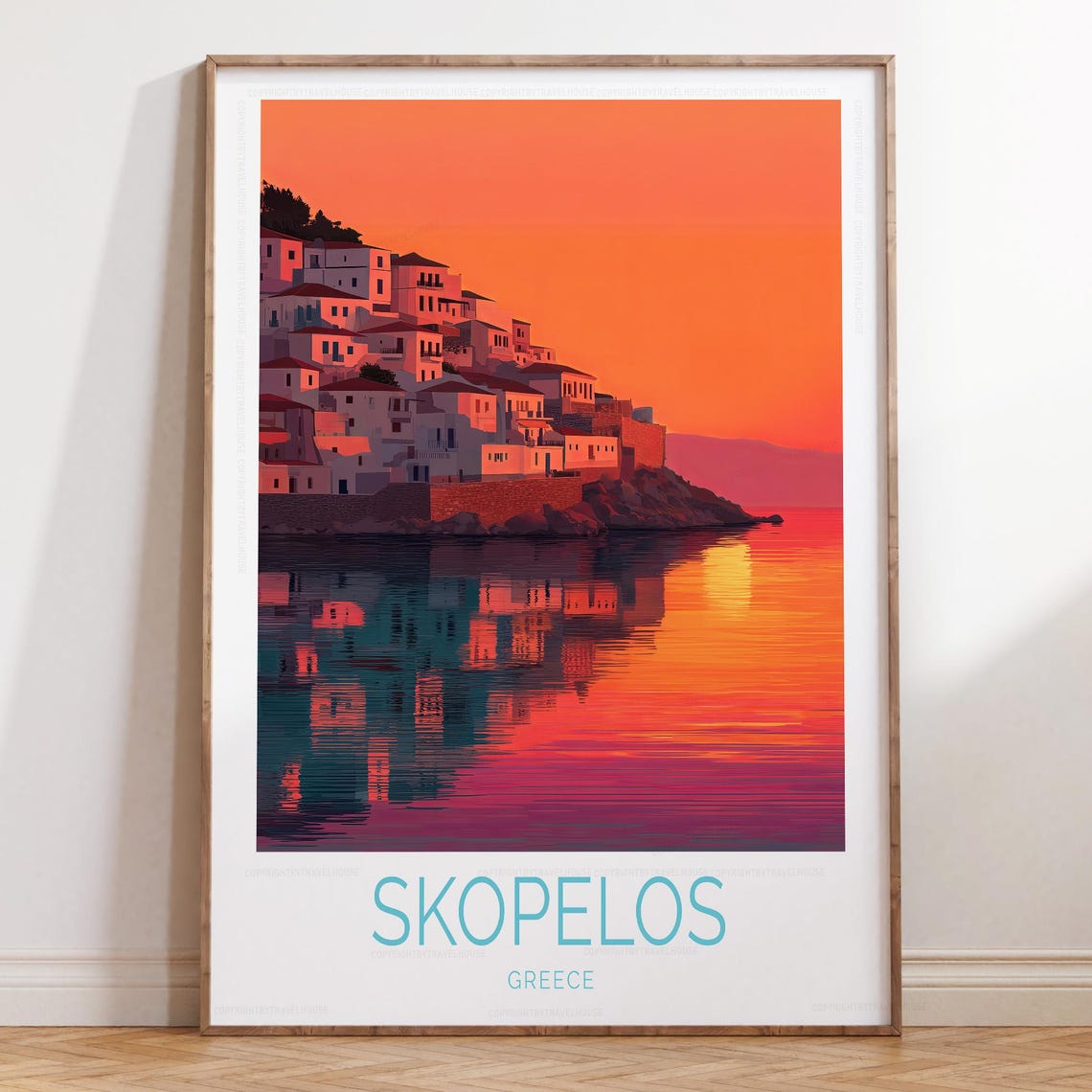 Skopelos Greece Seaside Town Sunset Travel Poster Warm Tones Decor