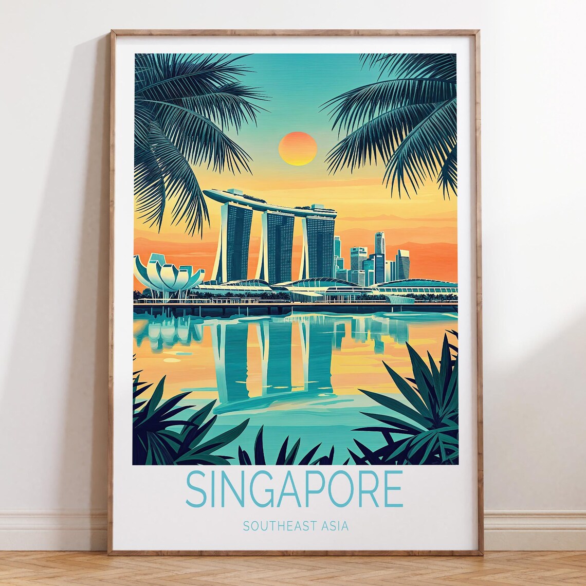 Singapore Marina Bay Sands Skyline Sunset Vintage Travel Poster