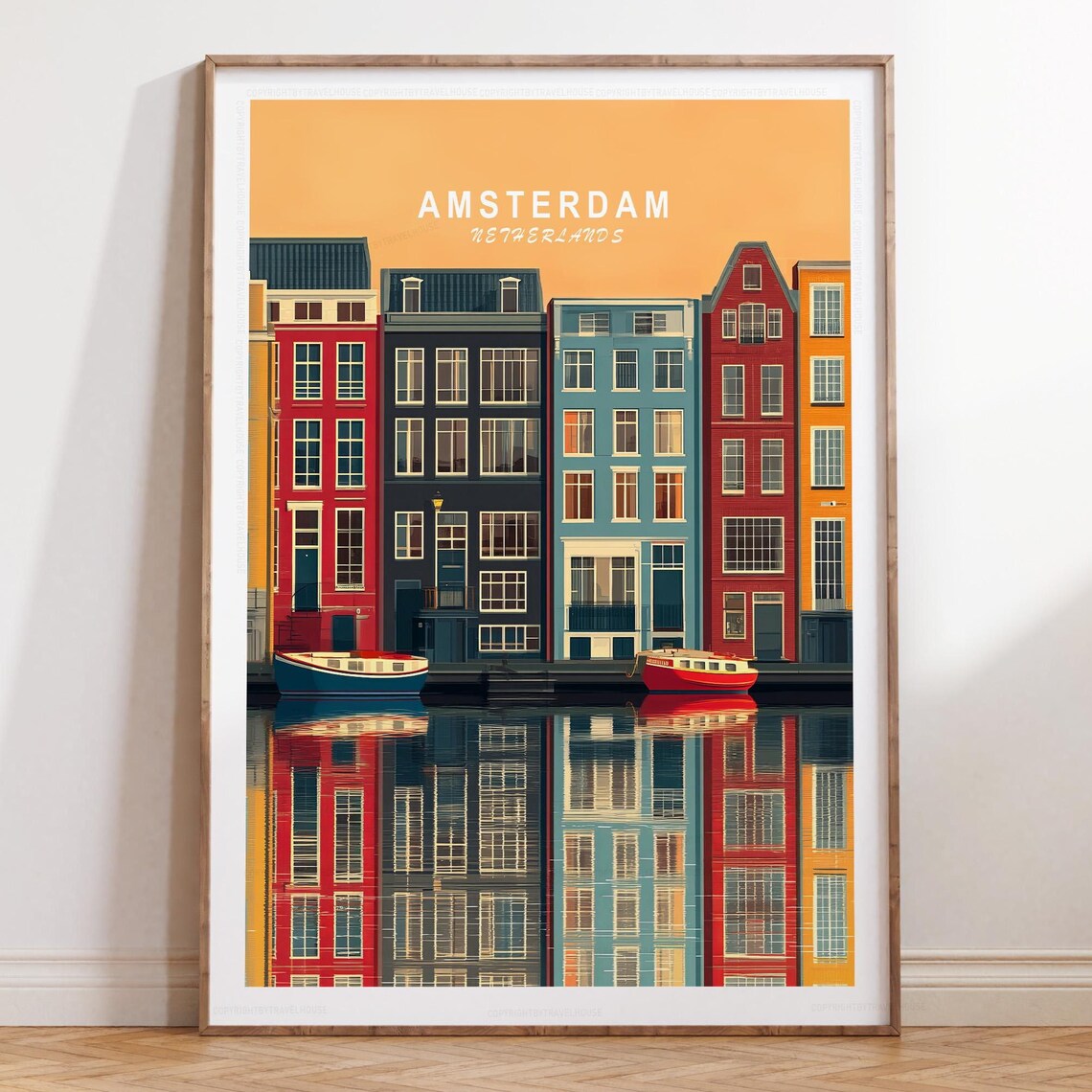 Amsterdam Netherlands Colorful Canal Houses Sunset Travel Poster