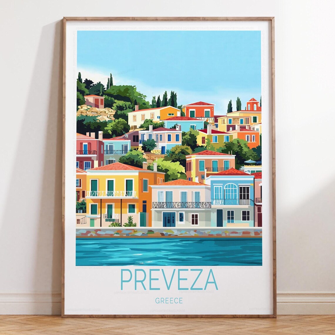 Preveza Greece Seaside Houses Colorful Cafe Coast Travel Poster