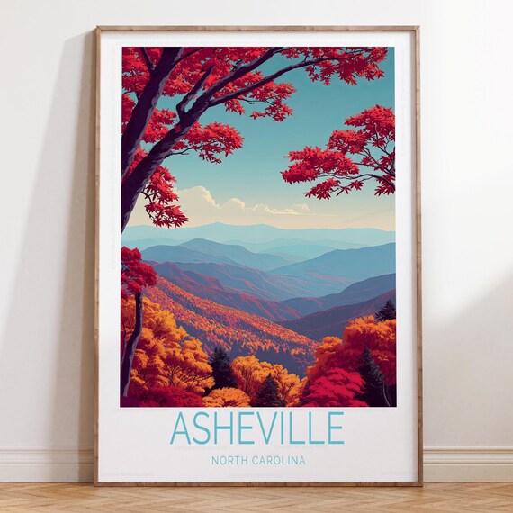 Asheville North Carolina Red Maple Framed Mountain View Poster