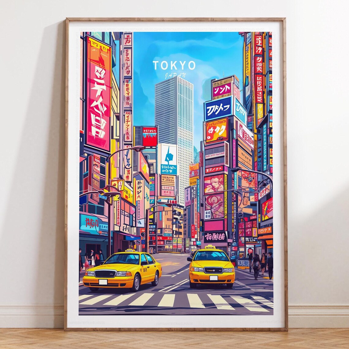 Tokyo Japan Neon Street Yellow Taxis Cityscape Travel Poster