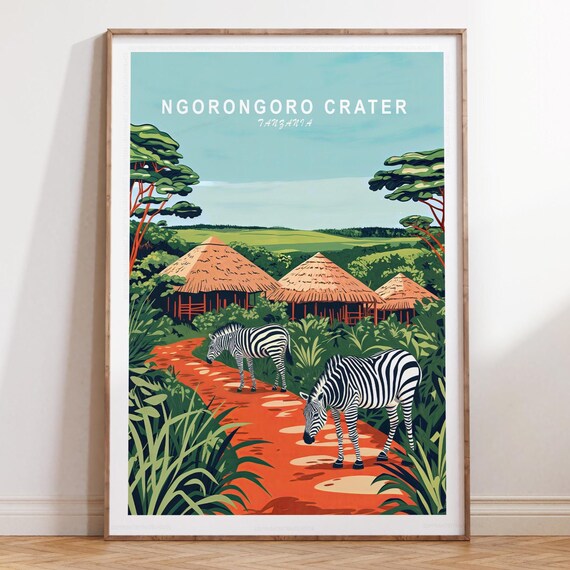 Ngorongoro Crater Tanzania Zebra Trail Thatched Lodges Travel Poster