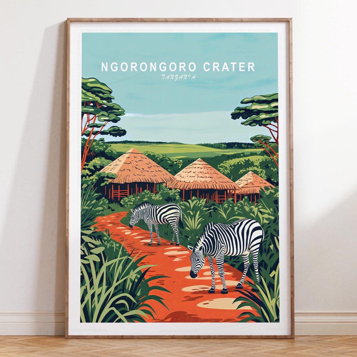 Ngorongoro Crater Tanzania Zebra Trail Thatched Lodges Travel Poster