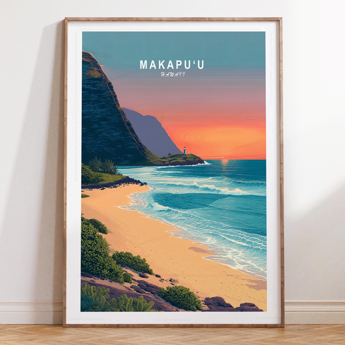 Makapu'u Hawaii Cliff Coastline With Lighthouse at Golden Dawn Glow Poster