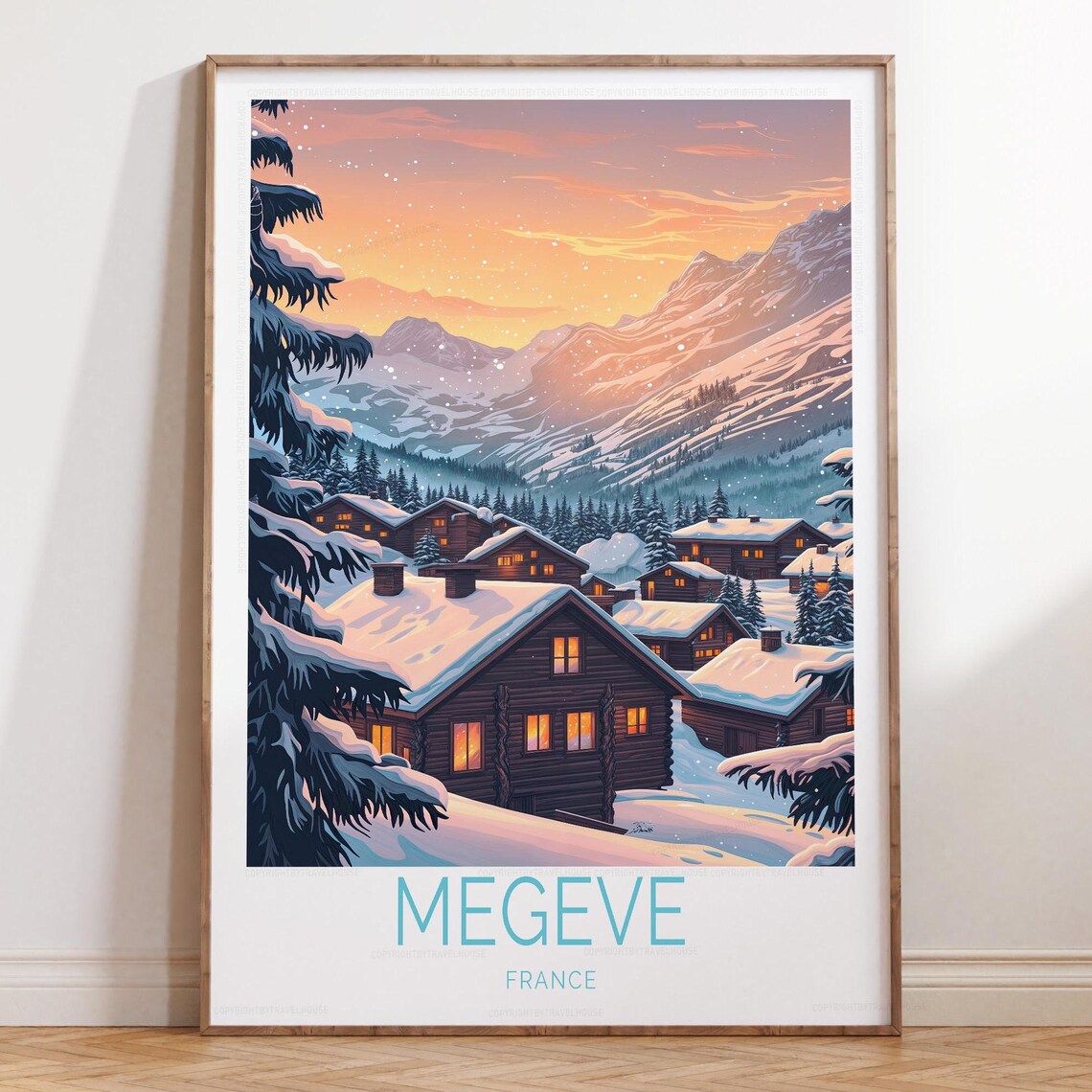 Megeve France Snowy Alpine Village Sunset Ski Retro Travel Poster