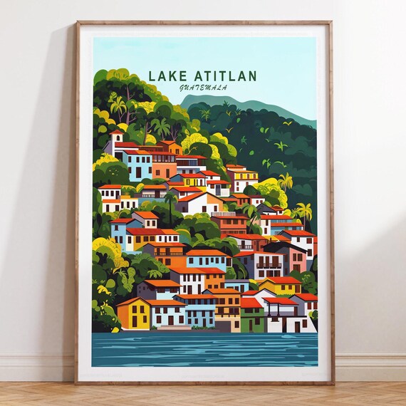 Lake Atitlan Guatemala Waterfront Town on Green Hills Top Title Poster