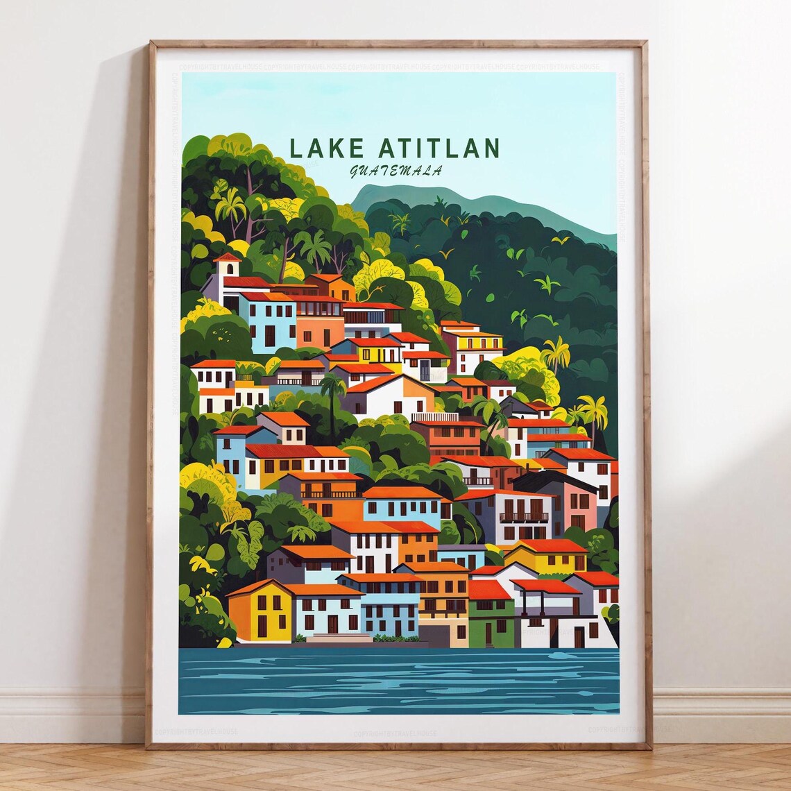 Lake Atitlan Guatemala Waterfront Town on Green Hills Top Title Poster