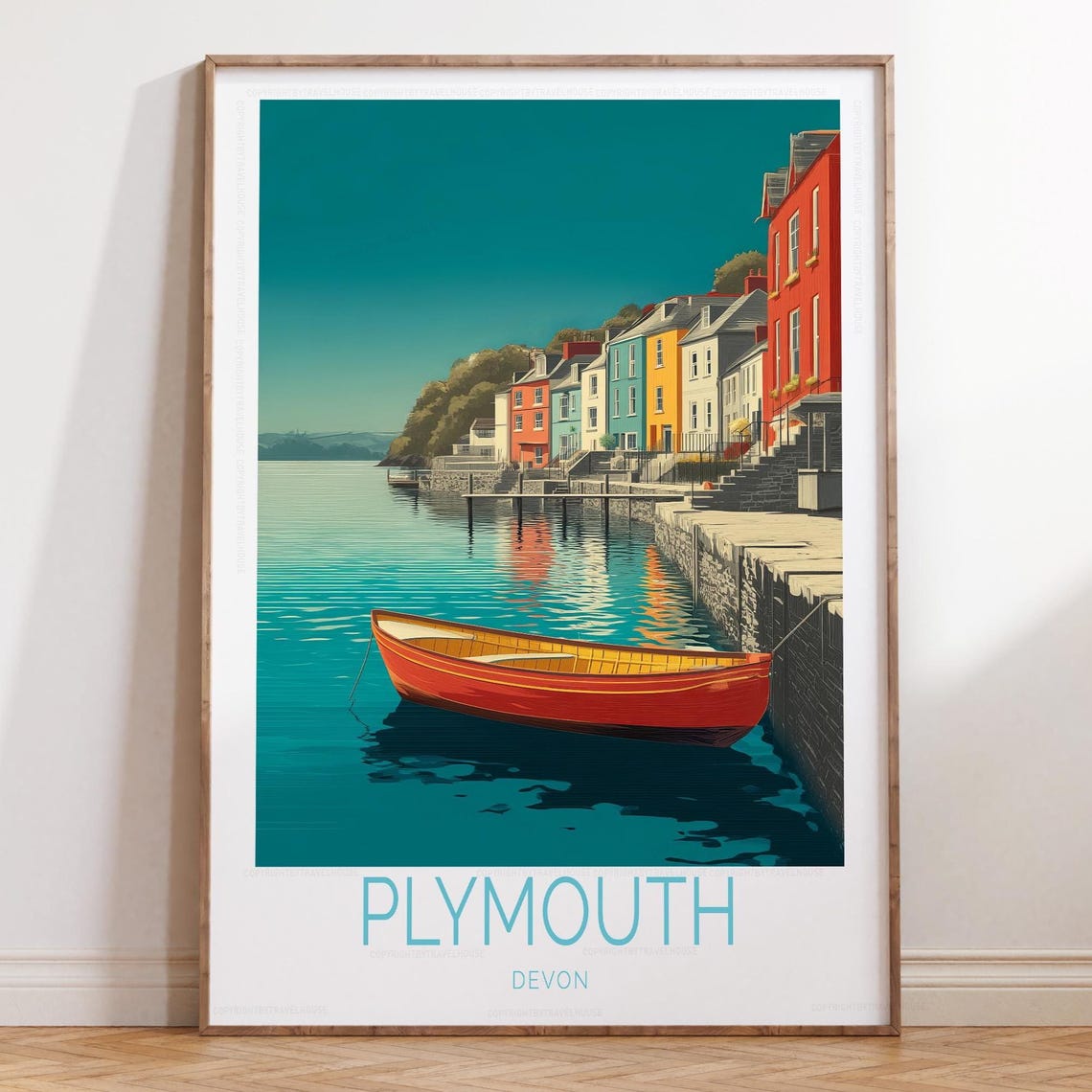 Plymouth Devon Red Rowboat By The Stone Quay Houses Travel Poster