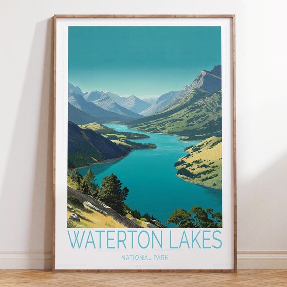 Waterton Lakes National Park Vintage Turquoise Lake Mountain View Poster